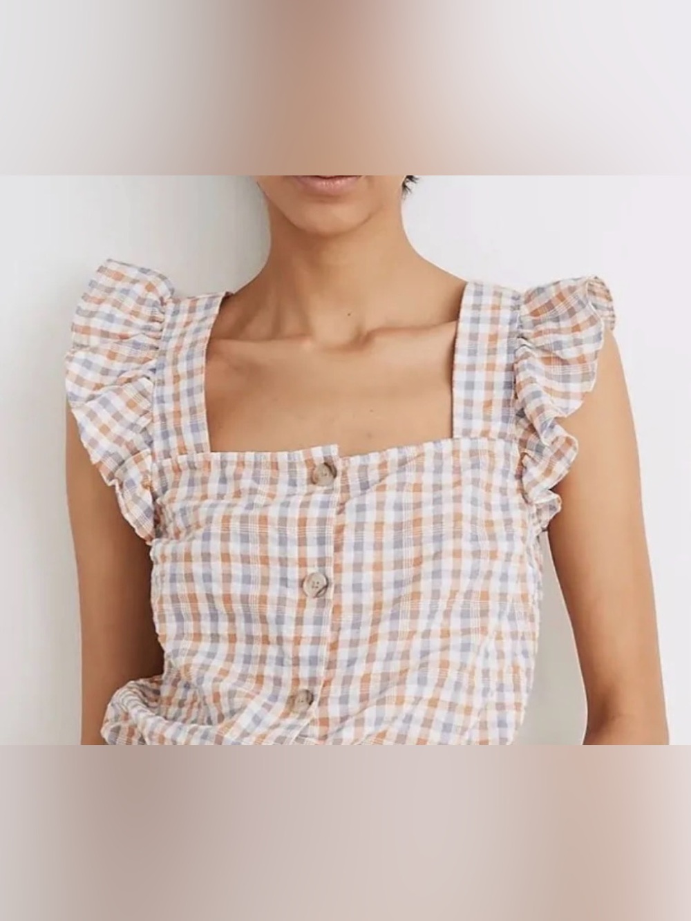 Madewell Plaid Ruffle-Strap Button Front Tank in Cream, Brown & Blue
